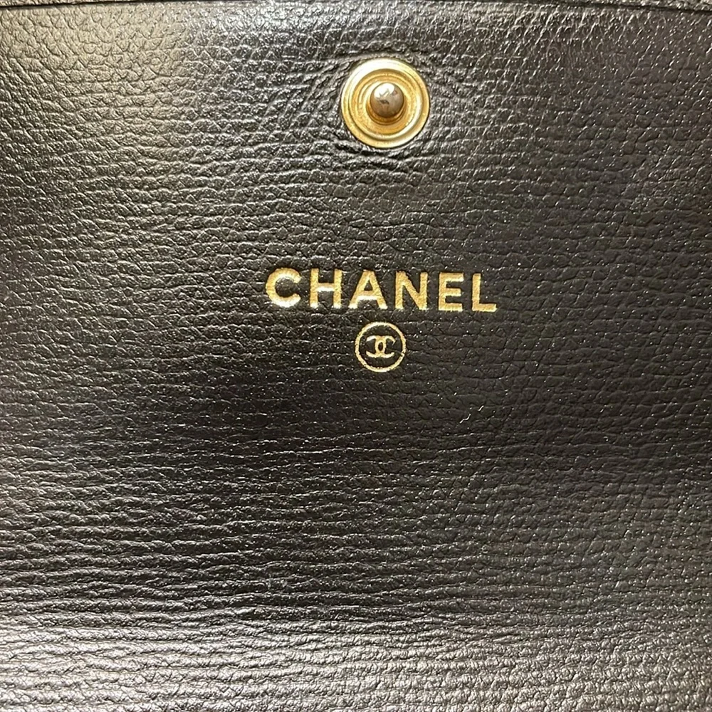 CHANEL COCO Button W Hook Wallet Black Leather Trifold